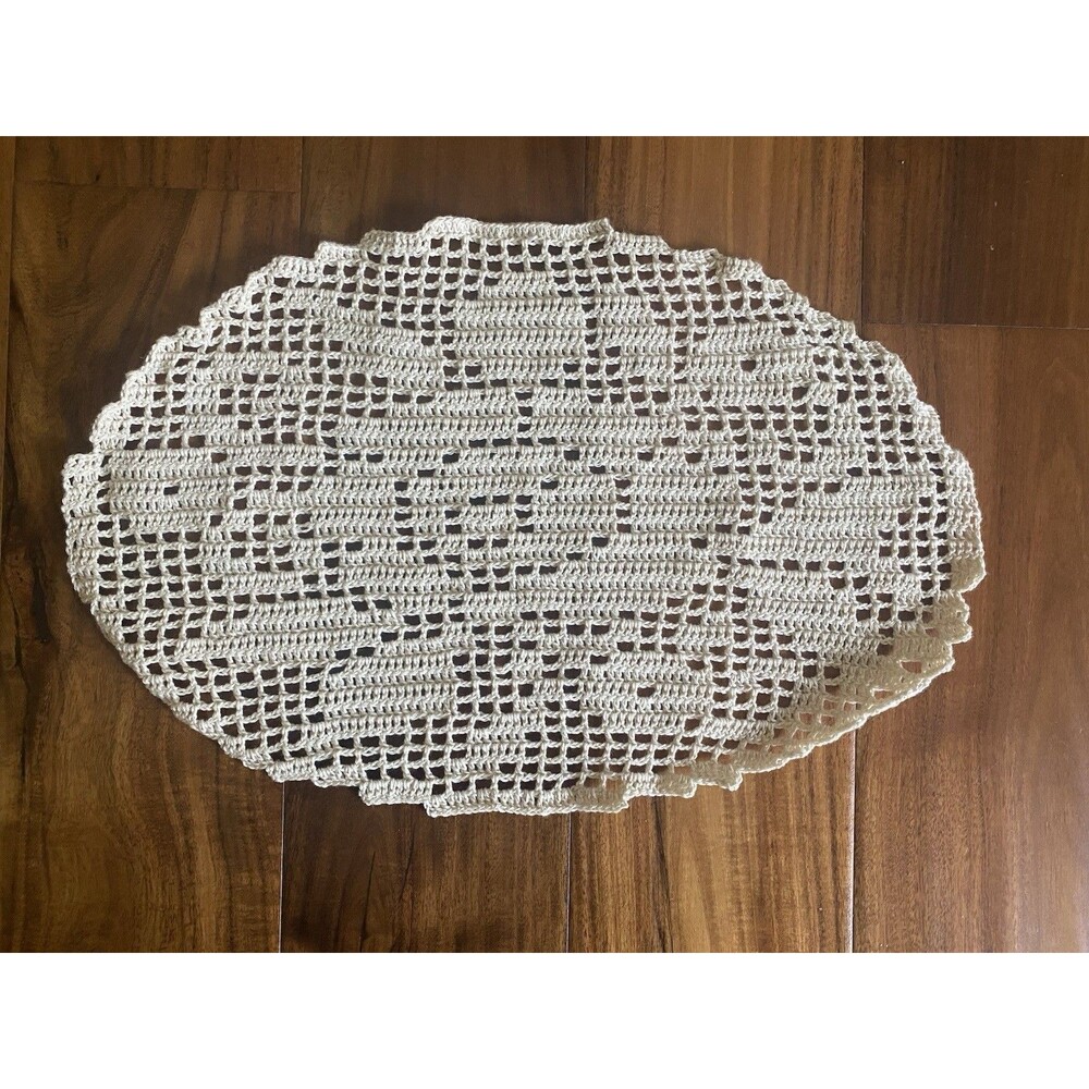 Vintage Handmade Crochet Ecru Oval Rose Filet Doily